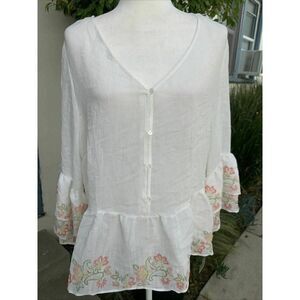 Zac Rachel Womens New White Pink Green Floral Long Sleeve Bohemian Top Large